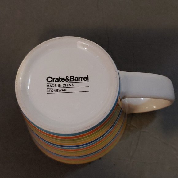 Crate & Barrel Coffee Mug Cup Orange Yellow Green Blue Stripes 12 Ounce VG Cond - Picture 6 of 7